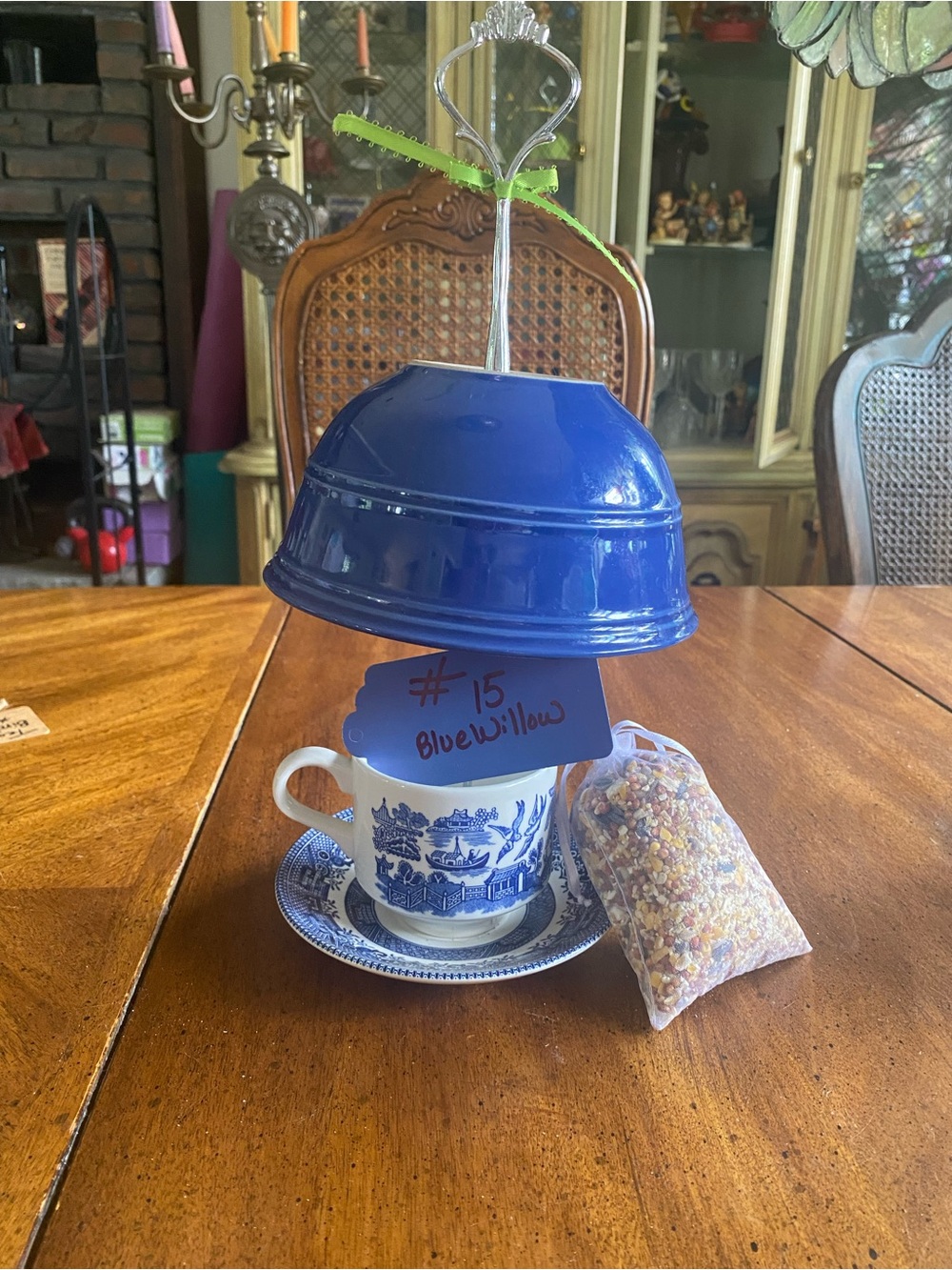 Churchill Blue Willow Tea Cup Bird Feeder with Hanging Hardware